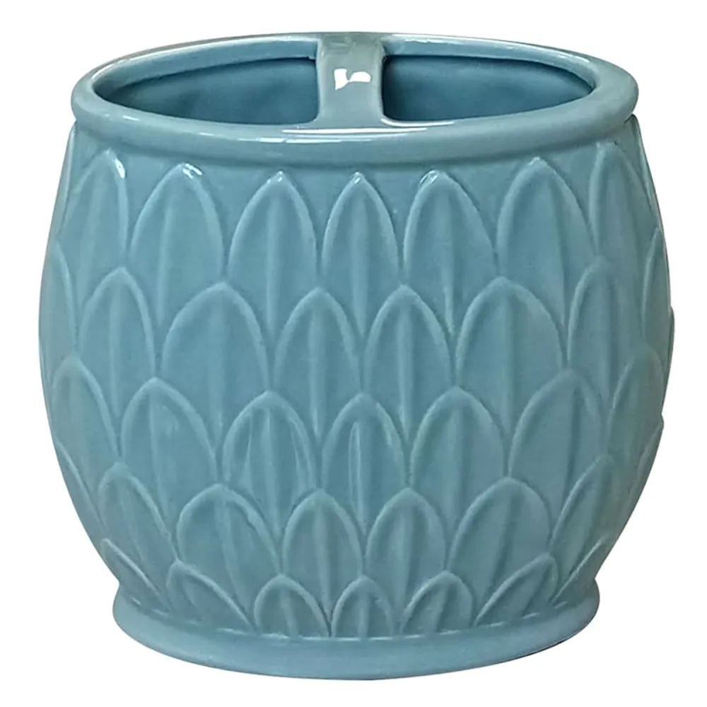 Blue Fan Ceramic Toothbrush Holder, 4.5"