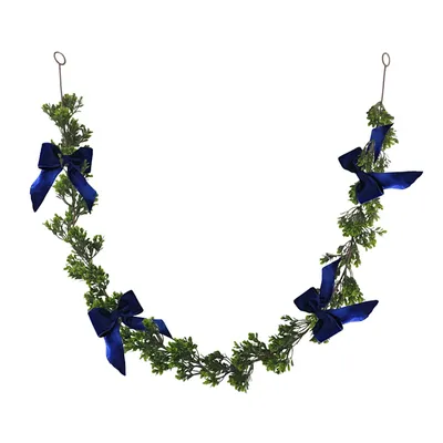 Boxwood Garland with Blue Ribbon, 6'