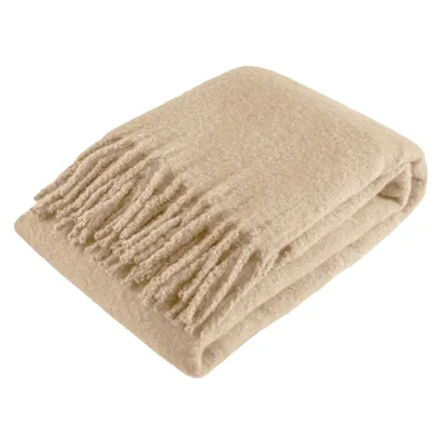 Beige Faux Mohair Throw Blanket with Fringe, 50x60