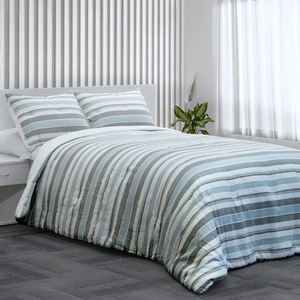 3-Piece Blue & White Striped Comforter Set