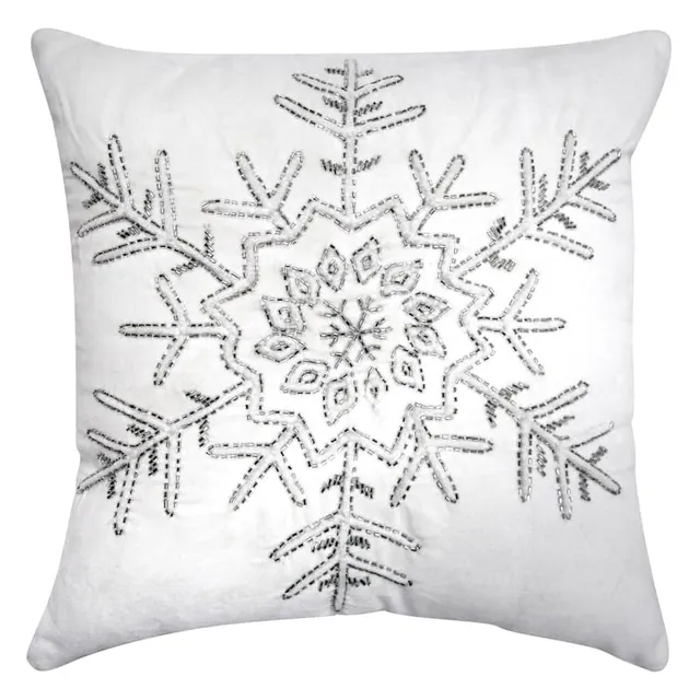 White Christmas Throw Pillow with Silver Sequin Snowflake