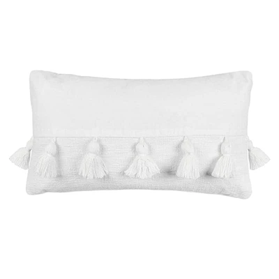 White Velvet Woven Pillow with Tassels, 14x24