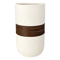 White Vase With Wood Band Vase, 8"