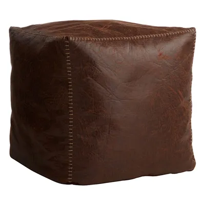Faux Leather Brown Pouf with Baseball Stitch