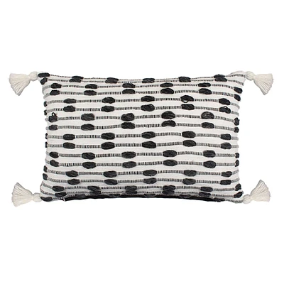 Crosby St. Black & White Textured Lumbar Outdoor Throw Pillow with Tassels, 14x22