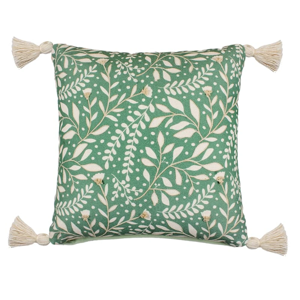 Green & White Embroidered Floral Outdoor Throw Pillow with Tassels, 18"