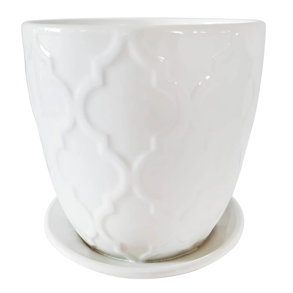 Indoor Embossed Ceramic Planter with Saucer