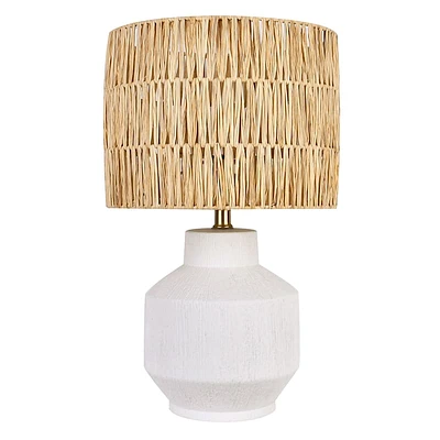 White Textured Lamp With Rafia Shade, 19.5"