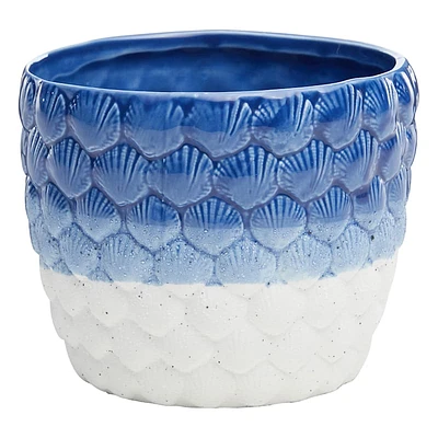 Indoor Blue & White Ceramic Shell Planter, Medium