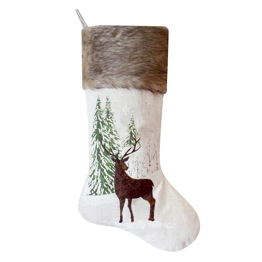 Homespun Holiday Brown Deer Stocking with Faux Fur Cuff, 19.5"