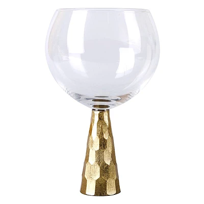 Glass Wine Goblet with Hammered Gold Pillar Stem