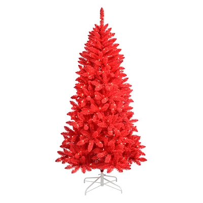 (A30) Pre-Lit Red Flocked Fir Christmas Tree, 6.5'