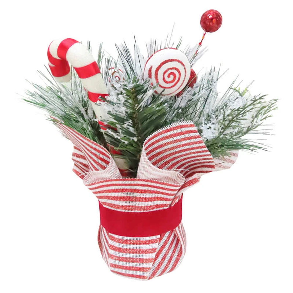 Snowy Christmas Arrangement In Red & White Pot, 10"