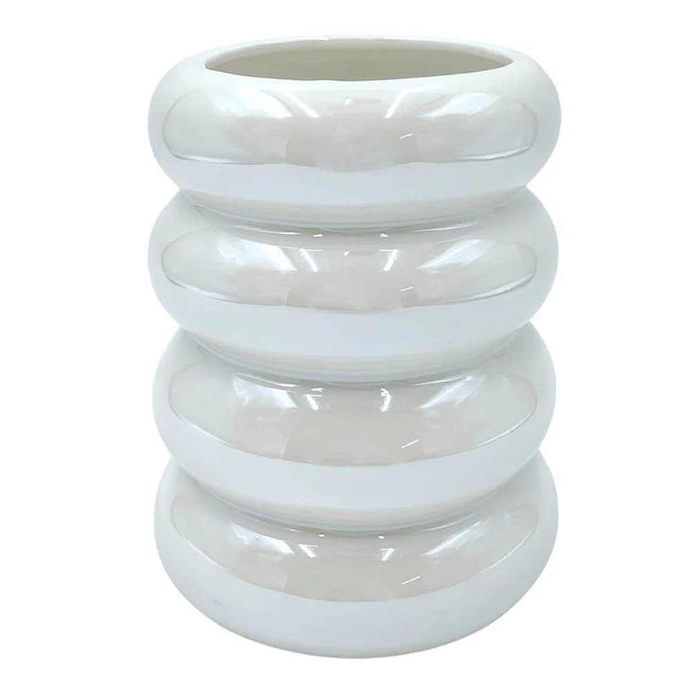 White Iridescent Ribbed Ceramic Vase, 4x5