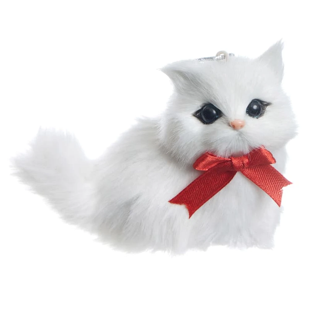 Classic Christmas White Faux Fur Cat Ornament, 3.15"