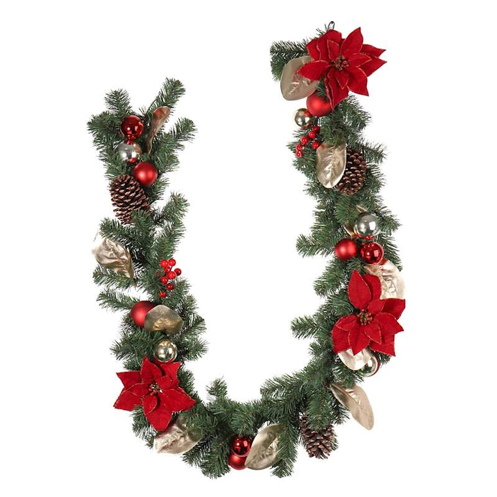 6 Red Poinsettia And Pinecone Garland