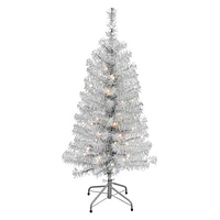 (A20) Pre-Lit Silver Tinsel Christmas Tree, 4'