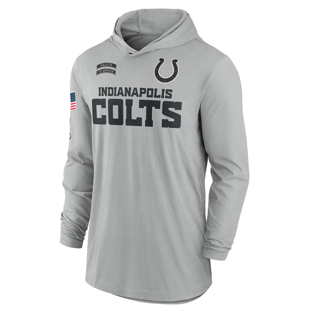 Indianapolis Colts Salute to Service Edge Mascot Lockup Men’s Nike Dri-FIT NFL Long-Sleeve Hooded Top