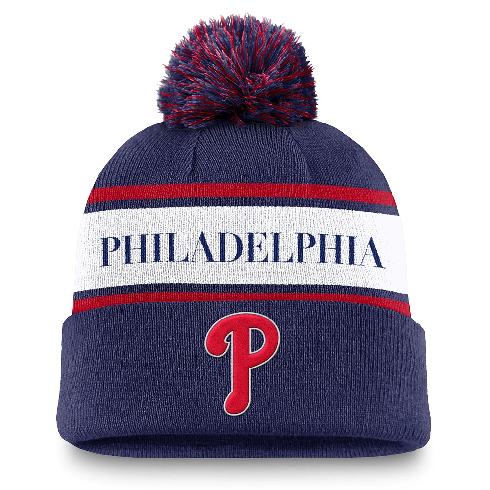 Philadelphia Phillies Team Stripe Peak Men's Nike MLB Cuffed Pom Beanie