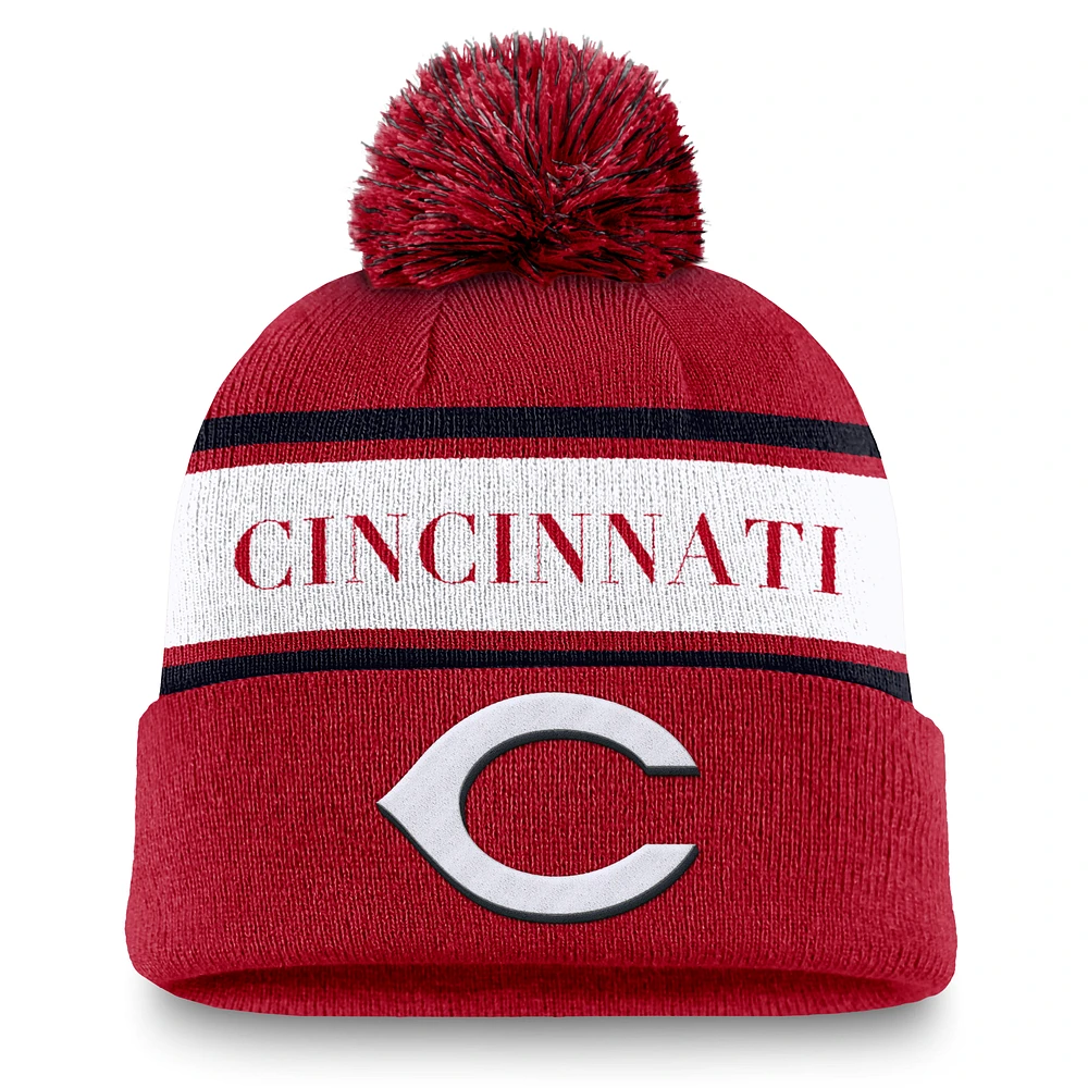 Cincinnati Reds Team Stripe Peak Men's Nike MLB Cuffed Pom Beanie