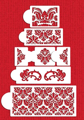 Martha Stewart's Five Tier Damask Cake Stencil Set | C406 by Designer Stencils | Cake Decorating Tools | Baking Stencils for Royal Icing, Airbrush, Dusting Powder | Reusable Plastic Food Grade Stencil for Cakes | Easy to Use & Clean Cake Stencil