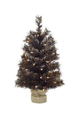 Perfect Holiday 24" Pre-Lit Tabletop Matte Black Gold Tinsel Halloween Tree With Burlap Base