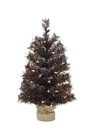 Perfect Holiday 24" Pre-Lit Tabletop Matte Black Gold Tinsel Halloween Tree With Burlap Base