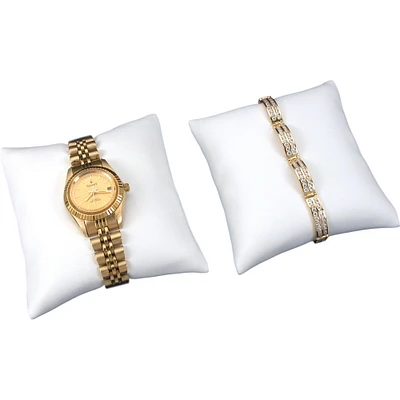 2 White Leather Bracelet Watch Pillow Jewelry Displays 3"