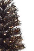 Perfect Holiday 24" Pre-Lit Tabletop Matte Black Gold Tinsel Halloween Tree With Burlap Base