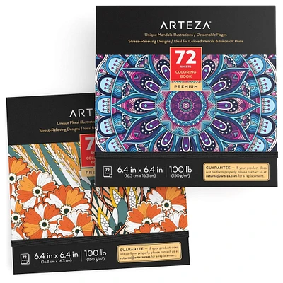 Arteza Adult Coloring Books, Floral & Mandala Designs, 6.4x6.4 Inches - 2 Pack