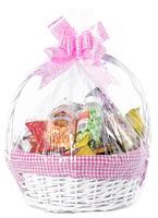 White Round Willow Gift Basket, with Gingham Liner and Handle