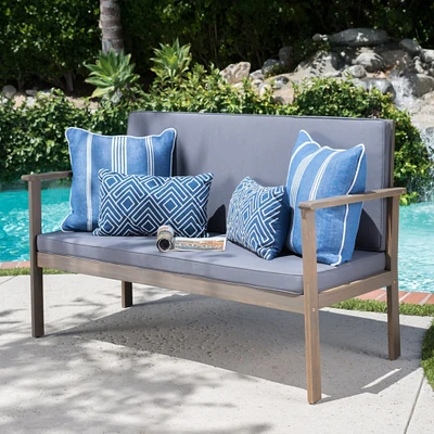 GDFStudio Luna Outdoor Finished Acacia Wood Bench with Water Resistant Fabric Cushion