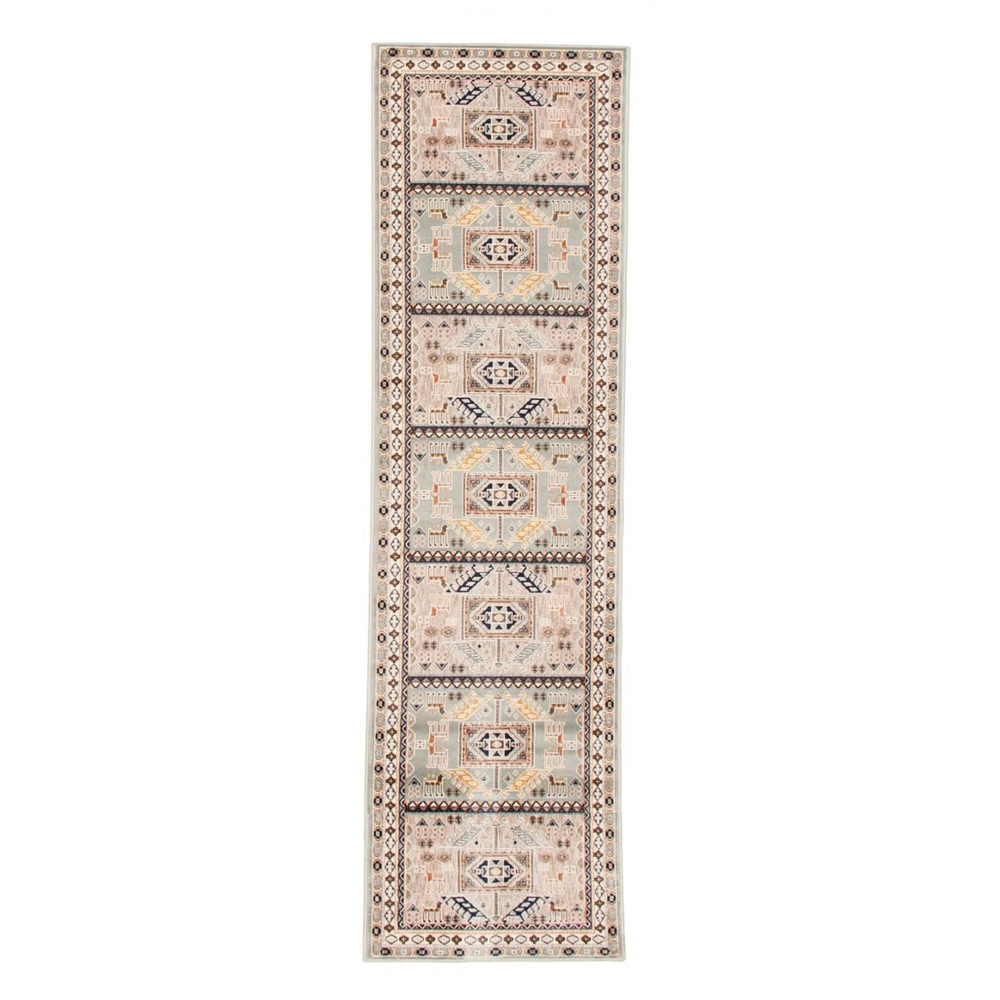 Chaudhary Living 2.5' x 10' Teal Blue and Cream Medallion Geometric Rectangular Rug Runner