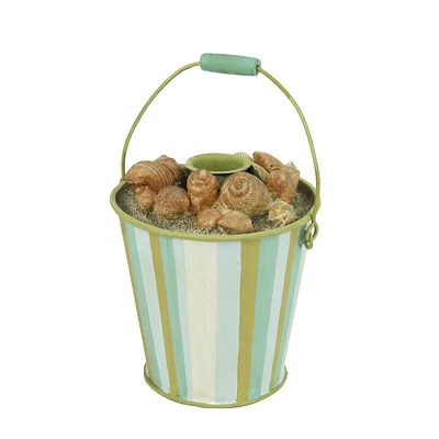Gallerie II 4.5" Beach Inspired Green, Blue and White Striped Seashell Pail Taper Candle Holder