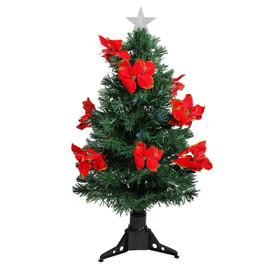 DAK 3' Pre-Lit Medium Fiber Optic Red Poinsettias Artificial Christmas Tree - Multicolor Lights