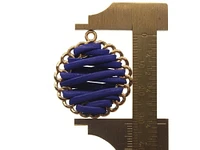 32mm Blue Imitation Leather Wrapped Flat Round Golden Alloy Pendant