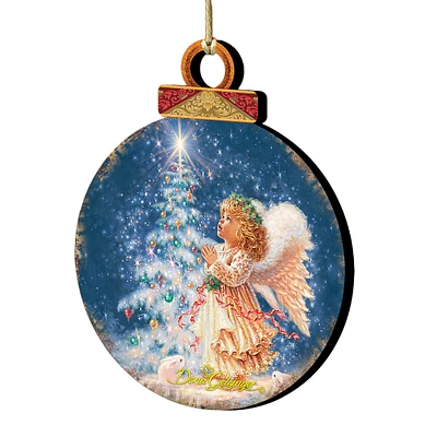 Designocracy Set of 2 Angel Wish Round Wooden Christmas Ornaments 5.5"