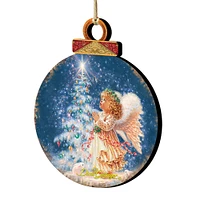 Designocracy Set of 2 Angel Wish Round Wooden Christmas Ornaments 5.5"