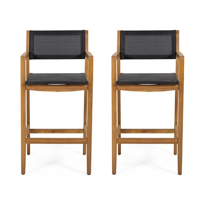 GDFStudio Daiquan Outdoor Acacia Wood Barstools with Outdoor Mesh (Set of 2)