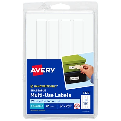 Avery Erasable Multi-Use Removable Labels, 7/8" x 2-7/8", White, Non-Printable, 80 Blank Labels Total (5429)