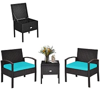 Costway 3PCS Patio Rattan Furniture Set Storage Table Cushioned Sofa Deck Red\Turquoise