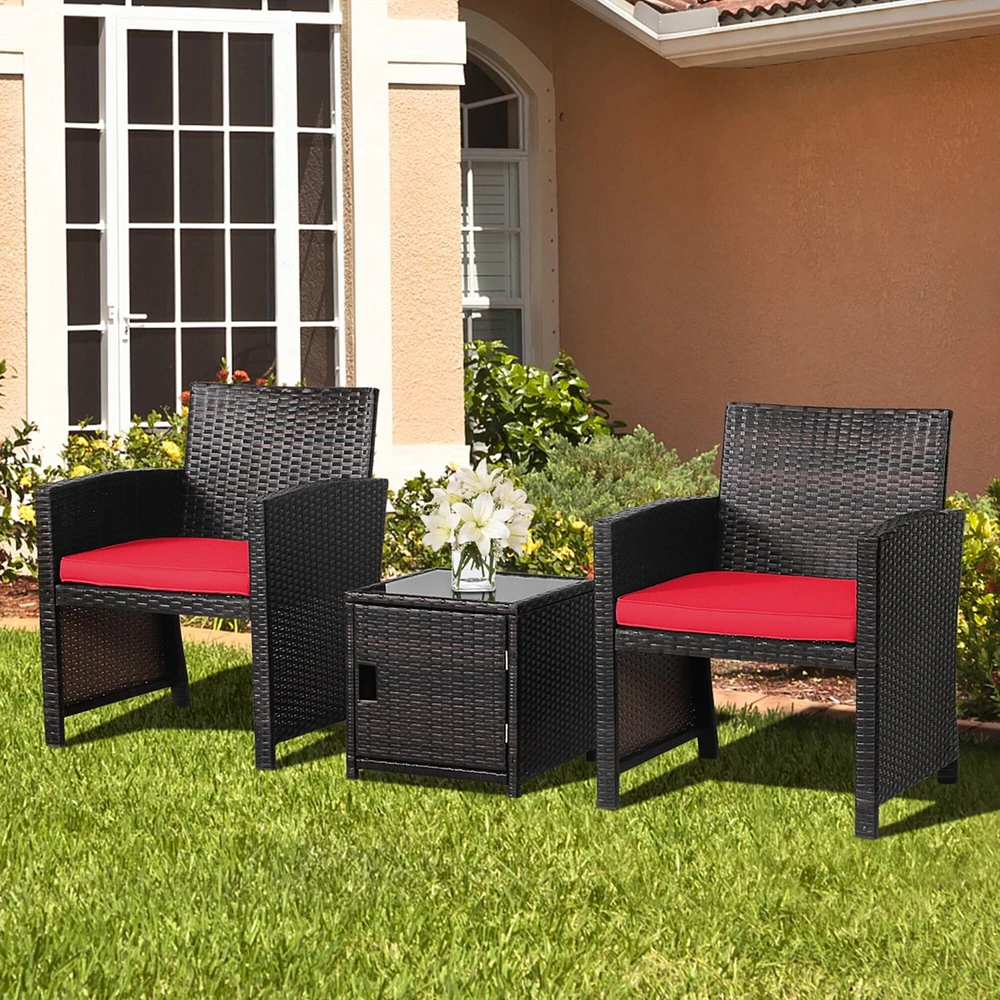 Gymax 3PCS Patio PE Rattan Conversation Furniture Set Bistro Set w/ Waterproof Cover Red