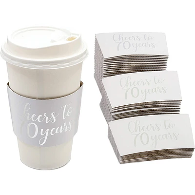 50 Pack 70th Birthday Coffee Cup Sleeves for Cheers to 70 Years Anniversary, 12-16 oz Hot Drink Holder Party Supplies Favors, Silver