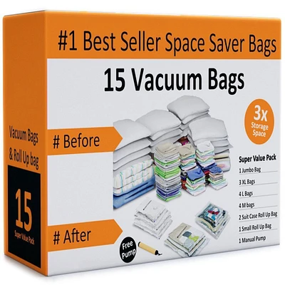 Everyday Home Pack of 15 Vacuum Storage Bags Air Tight Seal Closet Space Saving Organize
