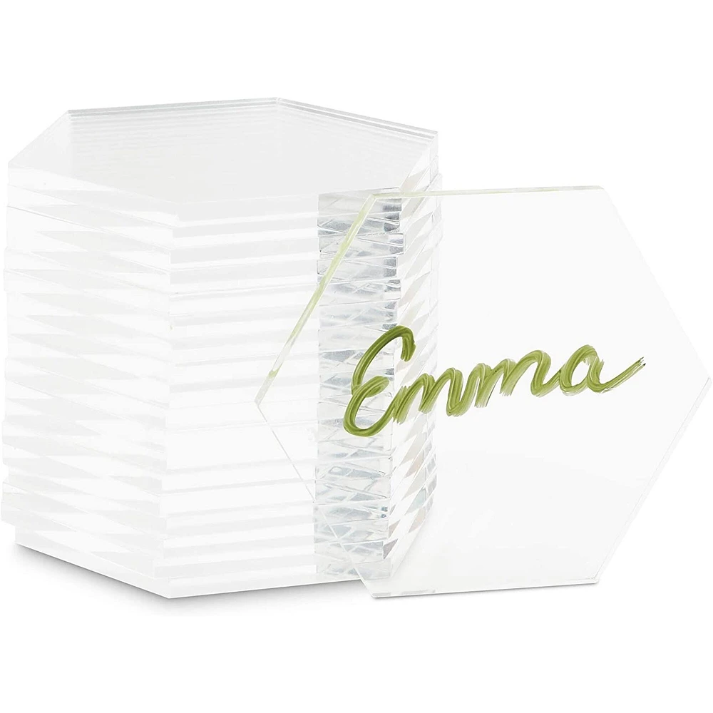 Hexagon Clear Acrylic Name Place Cards for Wedding Tables (3.1 x 2.75 In, 20 Pack)