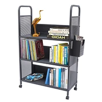 Library Book Storage Cart Book Shelf Book Organizer Trolley with 3 Flat Shelves