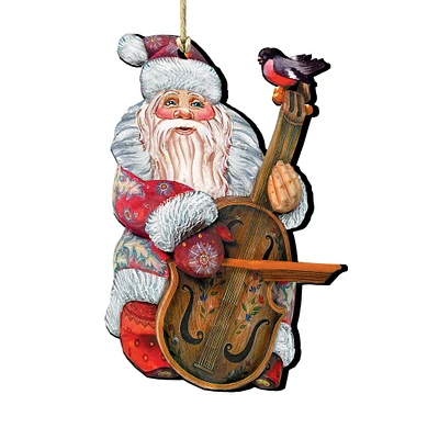 Designocracy Set of 2 Santa Claus Playing Violin Wooden Christmas Ornaments 5.5"