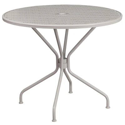 Emma and Oliver Commercial Grade 35.25" Round Colorful Metal Garden Patio Table with Umbrella Hole