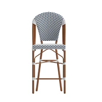 Merrick Lane Celia Set of Two Indoor/Outdoor Stacking French Bistro Counter Stools with White and Gray Patterned Seats and Backs & Bamboo Finished Metal Frames