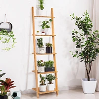 Costway 5-Tier Ladder Shelf Modern Bamboo Leaning Bookshelf Ladder Bookcase Open Display